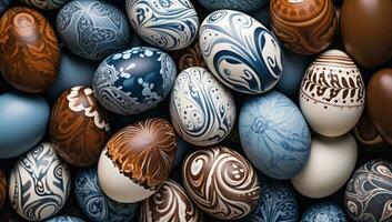 ai generiert viele farbig dekoriert Eier Verlegung auf ein Stapel von braun braun foto