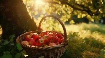 ai generiert ein Korbweide Korb mit rot Äpfel sind gelegt aus auf das Gras foto