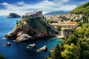 ai generiert Dubrovnik alt Stadt, Dorf im Kroatien. Panorama- Sicht, Allgemeines Aussicht von Dubrovnik - - Festungen lovrijenac und bokar gesehen, ai generiert foto