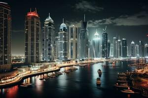 ai generiert Dubai Horizont beim Nacht, vereinigt arabisch Emirate. Dubai ist das am schnellsten wachsend Stadt im das Welt, Dubai Stadt durch Nacht, ai generiert foto