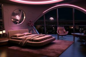 ai generiert 3d Rendern von ein schön Schlafzimmer mit ein Aussicht von das Stadt, futuristisch Schlafzimmer mit romantisch Beleuchtung, ai generiert foto