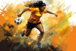 ai generiert Illustration von ein weiblich Fußball Spieler treten das Ball auf ein Grunge Hintergrund, ausdrucksvoll abstrakt Illustration von ein weiblich Fußball Spieler im Aktion, ai generiert foto