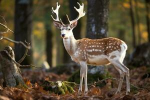 ai generiert männlich Brache Hirsch Dama Dama im das Wald, europäisch Brache Hirsch oder verbreitet Brache Reh, ai generiert foto