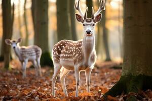 ai generiert Brache Hirsch im das Herbst Wald. Tierwelt Szene von Natur, europäisch Brache Hirsch oder verbreitet Brache Reh, ai generiert foto