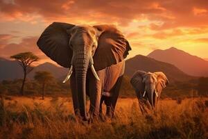 ai generiert Elefanten im Amboseli National Park, Kenia, Afrika, Elefanten Kreuzung das Olifant Fluss, Abend Schuss, Krüger National Park, ai generiert foto