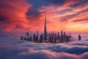 ai generiert nebelig Stadtbild mit Wolkenkratzer und Wolken beim Sonnenuntergang, Dubai Sonnenuntergang Aussicht von Innenstadt bedeckt mit Wolken, ai generiert foto