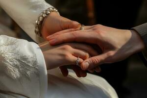 ai generiert Braut und Bräutigam halten Hände auf Hochzeit Tag, Nahaufnahme, geben von das Hochzeit Ring, ein Nahansicht von das Hand, ai generiert foto