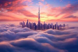 ai generiert nebelig Stadtbild mit Wolkenkratzer und Wolken beim Sonnenuntergang, Dubai Sonnenuntergang Aussicht von Innenstadt bedeckt mit Wolken, ai generiert foto