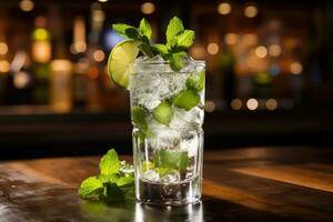 ai generiert Mojito Cocktail mit Kalk, Minze und Eis auf Bar Schalter, frisch Mojito im ein Glas und Eis auf das Bar Schalter, ai generiert foto