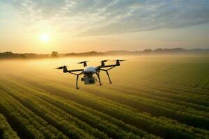 ai generiert Drohne fliegend Über landwirtschaftlich Feld beim Sonnenaufgang. Drohne fliegend Über landwirtschaftlich Feld, Drohne Analysieren Bauern' Felder während Sonnenaufgang, ai generiert foto