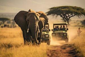 ai generiert afrikanisch Safari Touristen und Elefanten im Amboseli National Park, Kenia, ai generiert foto