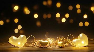 ai generiert golden Weihnachten Beleuchtung mit Herz Linie schwarz Hintergrund, Neu Jahr und Valentinstag Konzept. Gold abstrakt Herz gestalten Hintergrund zum Valentinstag und Weihnachten. foto