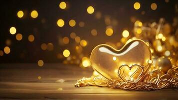 ai generiert golden Weihnachten Beleuchtung mit Herz Linie schwarz Hintergrund, Neu Jahr und Valentinstag Konzept. Gold abstrakt Herz gestalten Hintergrund zum Valentinstag und Weihnachten. foto