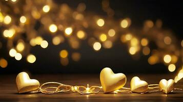 ai generiert golden Weihnachten Beleuchtung mit Herz Linie schwarz Hintergrund, Neu Jahr und Valentinstag Konzept. Gold abstrakt Herz gestalten Hintergrund zum Valentinstag und Weihnachten. foto