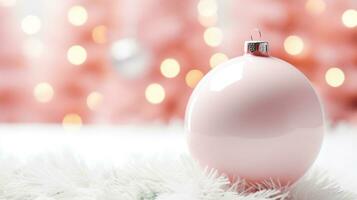 ai generiert Rosa Ball umgeben durch Kiefer Weihnachten Baum Ornament schön Weiß Hintergrund foto