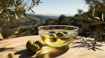 ai generiert Olive Öl Flasche auf ein hölzern Tabelle im das Obstgarten foto