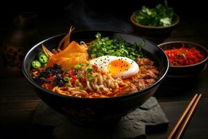 ai generiert japanisch Ramen Nudeln mit Kimchi und Ei auf schwarz Hintergrund, ein Schüssel von würzig Ramen mit Essstäbchen auf das Seite, ai generiert foto