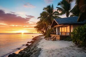 ai generiert schön tropisch Strand mit Kokosnuss Palme Baum beim Sonnenaufgang - - Urlaub Ferien Konzept, ein Strand Bungalow mit Blick auf ein heiter Sonnenuntergang, ai generiert foto