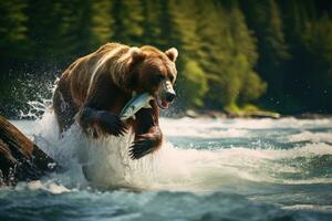 ai generiert braun Bär fängt Fisch im das Fluss. Kamtschatka, Russland, ein braun Bär fangen Lachs im ein eilen Fluss, ai generiert foto
