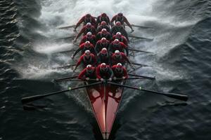 ai generiert Harvard Universität Rennen im das Kopf von Charles Regatta im Boston, Ma, ein Vogelaugen Aussicht von ein Rudern Mannschaft im perfekt synchronisieren, ai generiert foto