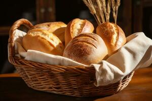 ai generiert Korb mit Brot Rollen auf ein hölzern Tabelle im ein Bäckerei, ein Korb von frisch gebacken Brot im ein rustikal Bäckerei, ai generiert foto