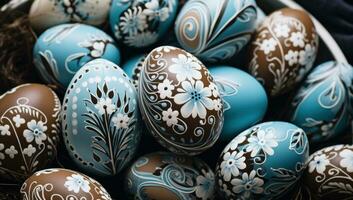 ai generiert viele farbig dekoriert Eier Verlegung auf ein Stapel von braun braun foto