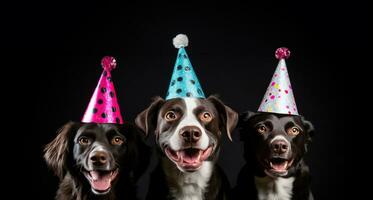 ai generiert drei Hunde im Party Hüte Stehen Über ein schwarz Hintergrund foto