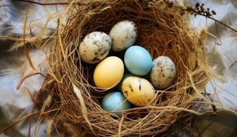 ai generiert Dort ist Blau, Gelb und Orange Eier im ein Nest foto