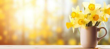 ai generiert Gelb Tasse mit Weiß Blumen auf Tabelle im Garten foto