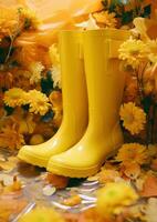 ai generiert Gelb Regen Stiefel halten Gelb Blume foto