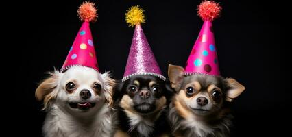 ai generiert drei Hunde im Party Hüte Stehen Über ein schwarz Hintergrund foto