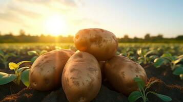 ai generiert drei Kartoffeln sind im ein Feld wie das Sonne setzt foto