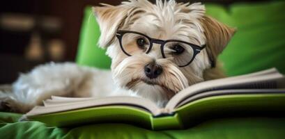ai generiert ein Hund im Brille liest zu das Kamera foto
