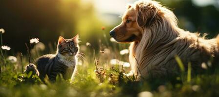 ai generiert ein Hund und Katze auf Gras foto