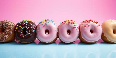 ai generiert ein Reihe von Licht Rosa und braun Donuts auf oben von ein Rosa Hintergrund foto