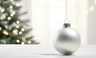 ai generiert ein Weiß Weihnachten Ornament im ein Zimmer mit ein Weihnachten Baum foto