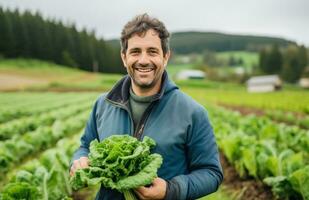 ai generiert ein Mann im ein Feld ist lächelnd mit ein Grün Kopf von Grüner Salat foto