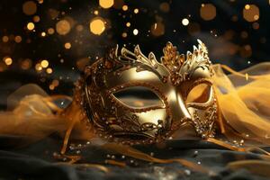 ai generiert ein Gelb und Gold Maskerade Maske mit bling im Gold und Silber foto