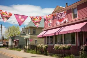 ai generiert Jahrgang Zuhause Dekorationen auf das Main Straße im das Stadt, Dorf von Sedona, Arizona, ein heiter Mutter Tag Banner angezeigt über ein klein Stadt, ai generiert foto