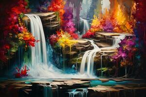 ai generiert Wasserfall im Herbst Wald. Digital malen. bunt Herbst Landschaft, ein Kaskade von abstrakt Farben Nachahmung ein Wasserfall Größe, ai generiert foto