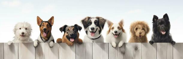 ai generiert ein Gruppe von Hunde sind auf ein hölzern Zaun foto