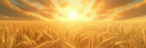 ai generiert ein Weizen Feld mit ein Gelb Sonne strahlend durch das Felder foto