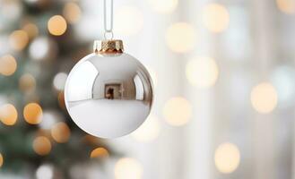 ai generiert ein Weiß Weihnachten Ornament im ein Zimmer mit ein Weihnachten Baum foto