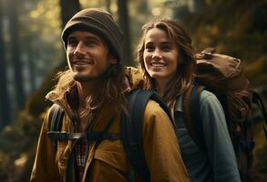 ai generiert Paar Wandern im das bewaldet Landschaft mit Rucksäcke, foto