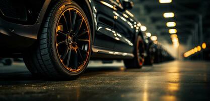 ai generiert Autos geparkt mit Reifen im Vorderseite von dunkel Szene Auto foto