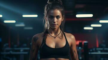 ai generiert weiblich Boxer ist Ausbildung im das Fitnessstudio foto