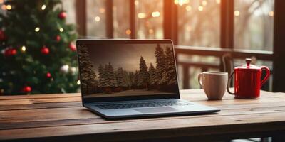 ai generiert Laptop Computer auf hölzern Tabelle mit Weihnachten Baum foto