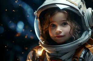 ai generiert wenig Mädchen Astronaut im Raum foto