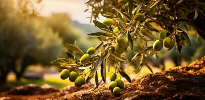 ai generiert das Olive Baum hat viele von Grün Obst foto