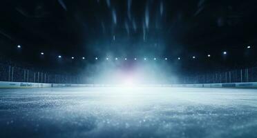 ai generiert das Scheinwerfer reflektieren auf ein Eis Eishockey Tor foto